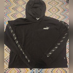 Puma Women's Black And White Pullover Hoodie Striped Logo Sleeves Cropped